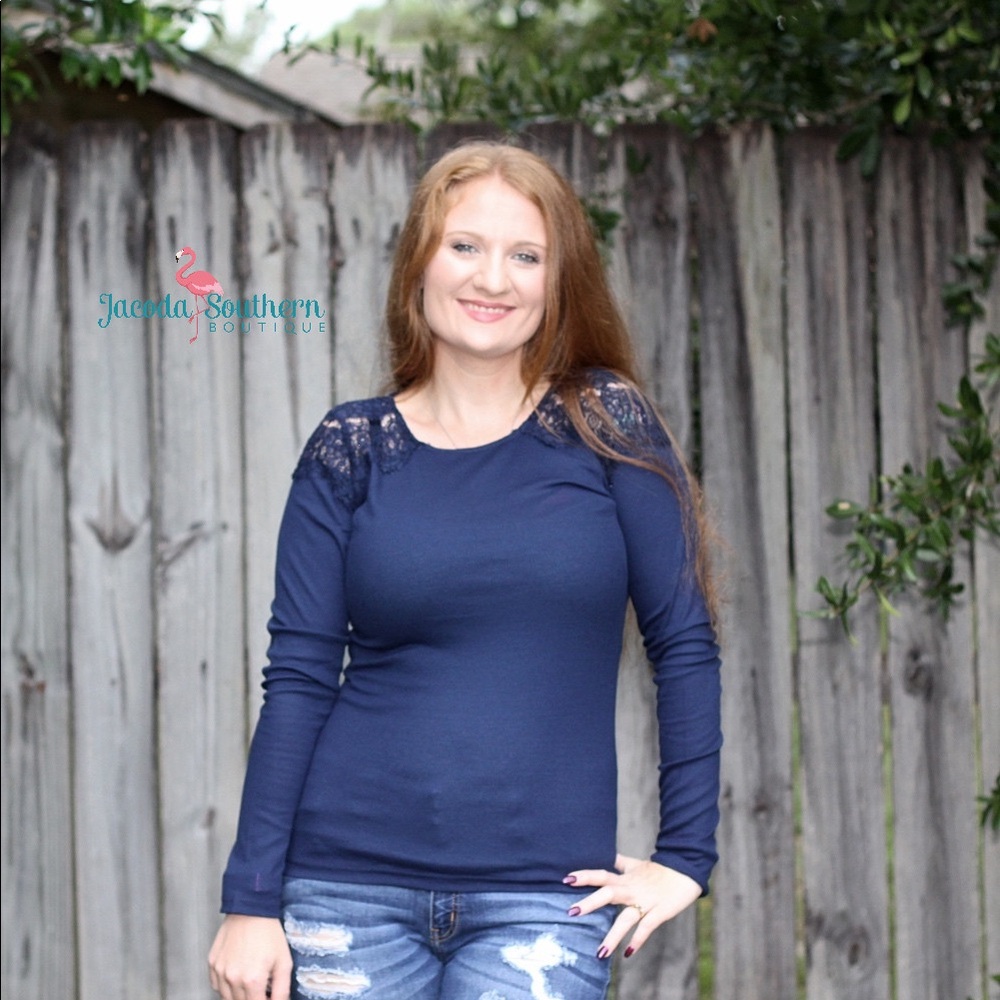 Color Story Navy Blue Lace Shoulder Long Sleeve Top